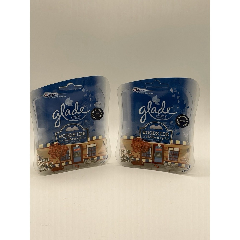 2 Glade Woodside Library PlugIns Scented Oil Refills 2ct Pack Leather Oak New